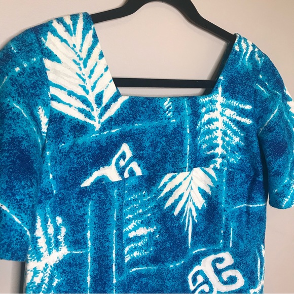 Vintage  maxi dress women’s medium palm fronds barkcloth blue - Picture 3 of 11